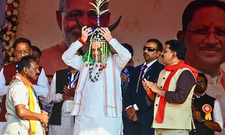 Union Home Minister Amit Shah addresses the gathering during the closing ceremony of Bastar Olympics, at Jagdalpur, in Bastar district, Chhattisgarh