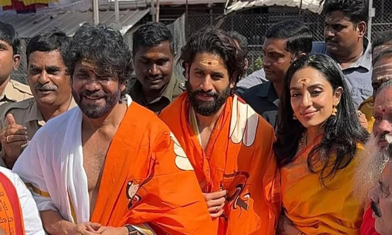 Naga Chaitanya, Sobhita Dhulipala visit temple with Nagarjuna