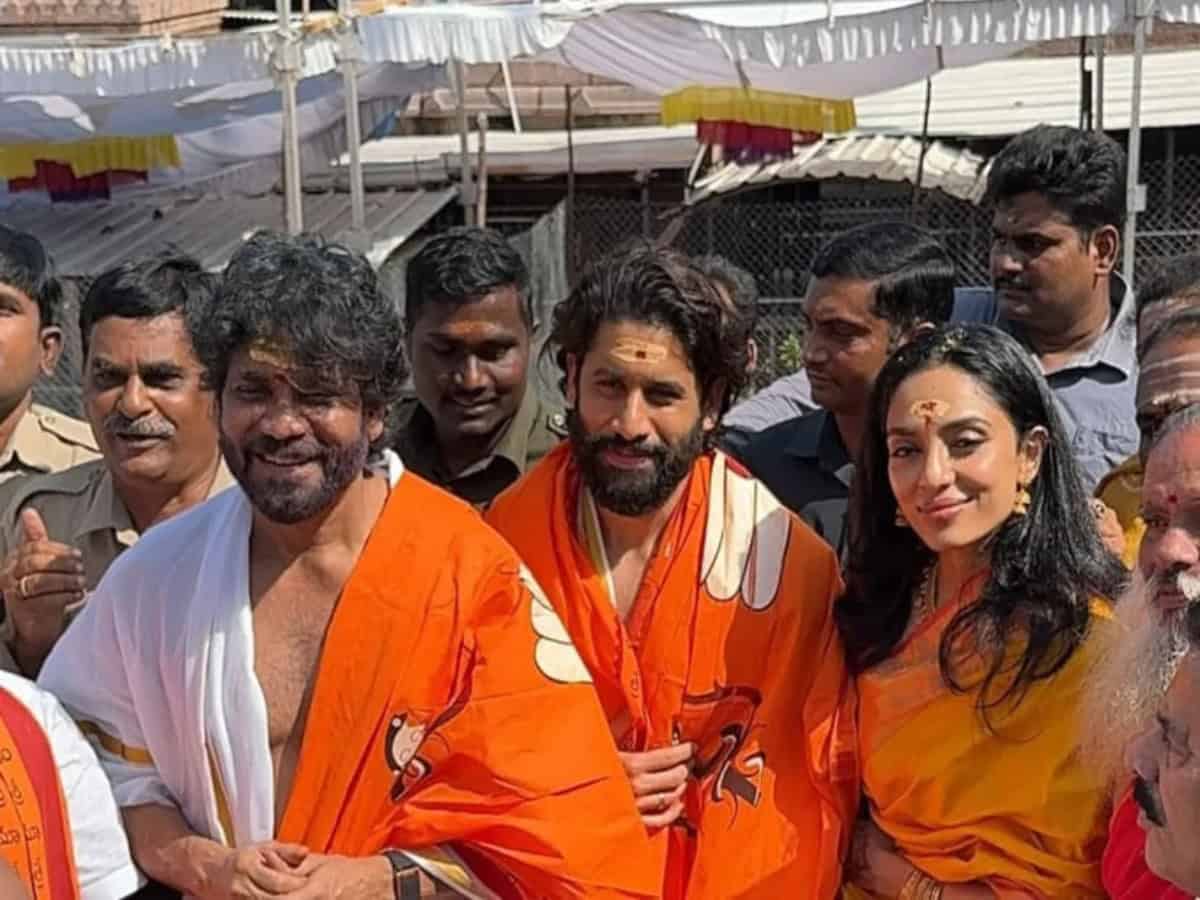 Naga Chaitanya, Sobhita Dhulipala visit temple with Nagarjuna