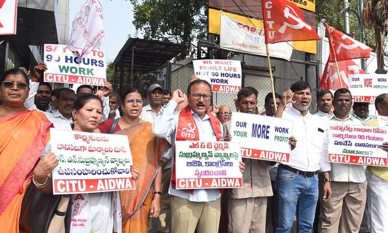 CITU and AIDWA activists protest at L&T office in Basheerbagh on Friday, against the company's chairman's comments on 90-hour work week for the work force.