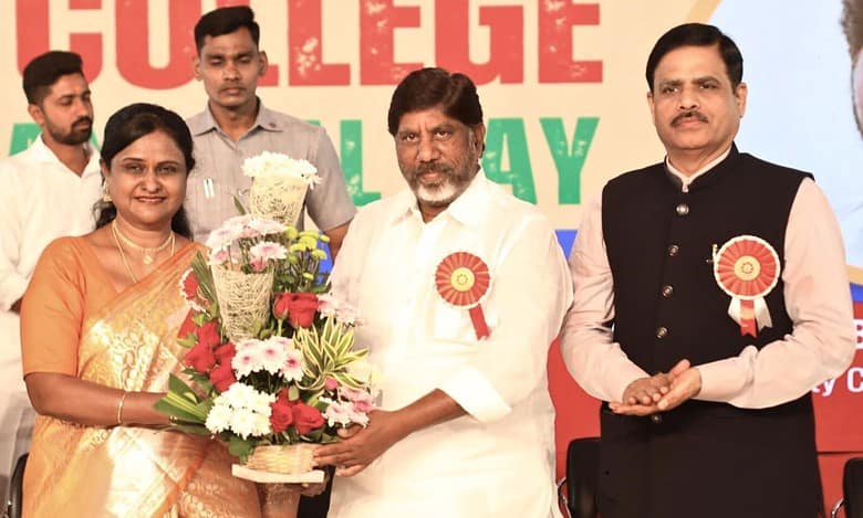 DY CM Bhatti Vikramarka and OU VC Professor Kumar Molugaram facilitiated at St Francis College Hyderabad Annual Day by college Principal Dr Uma