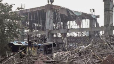 Rubble of an under-construction building that collapsed on Saturday, at Kannauj railway station, in Kannauj, Sunday, Jan. 12, 2025.