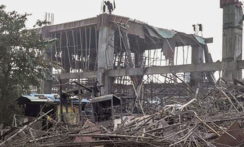 Rubble of an under-construction building that collapsed on Saturday, at Kannauj railway station, in Kannauj, Sunday, Jan. 12, 2025.