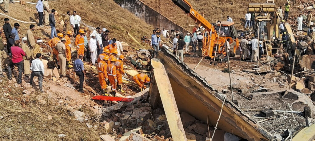 Police and rescue personnel are seen during a rescue operation after a blast at the ordnance factory, in Bhandara district, Maharashtra