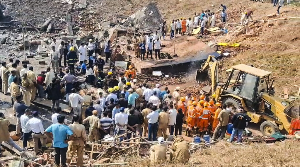Police and rescue personnel are seen during a rescue operation after a blast at the ordnance factory, in Bhandara district, Maharashtra