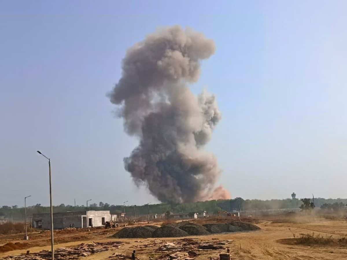 Smoke arises from the blast that occured at the ordnance factory in Maharashtra's Bhandara