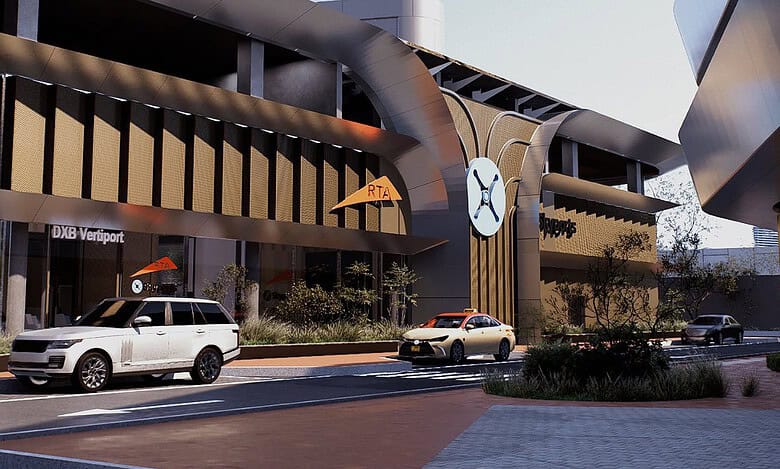 Dubai International Vertiport (DXV) flying taxi facility near DXB Airport.