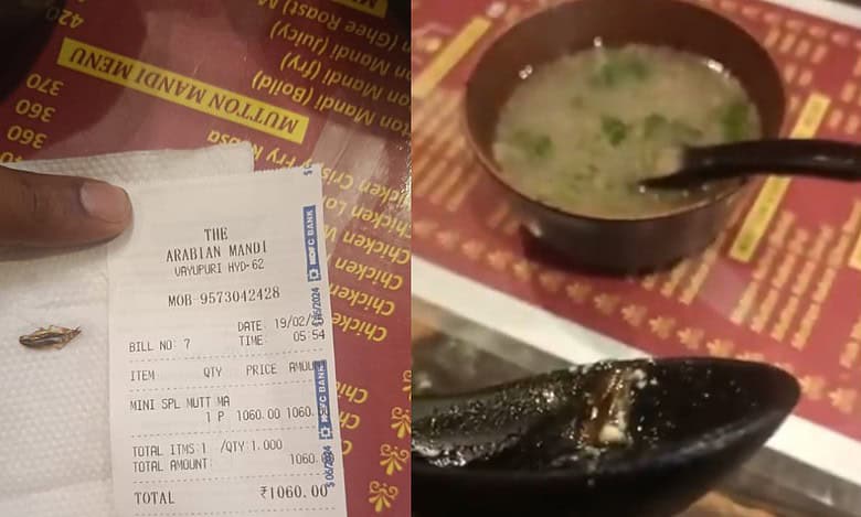 Cockroach found floating in mutton soup at restaurants in Hyderabad