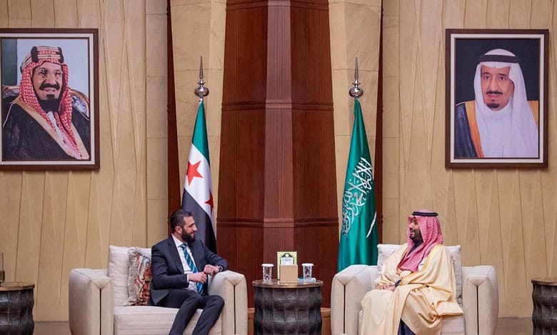 Syrian President Ahmed AlSharaa with Crown Prince Mohammed bin Salman