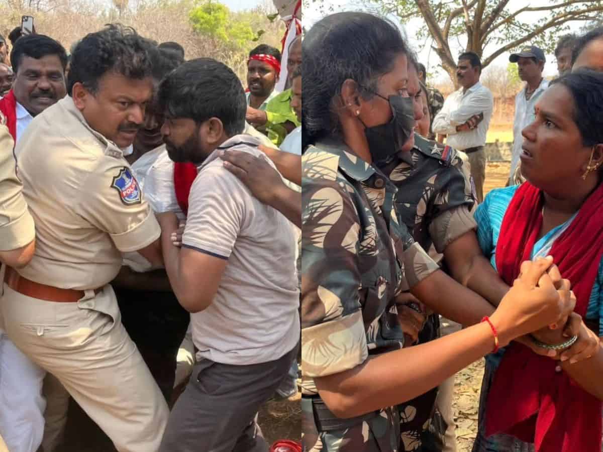 Protestors and police personnel at logger heads at Ramoji Film City for alleged land encroachment