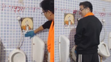 Hindutva group paste Aurangzeb, Babur photos in toilets, beats them with shoes