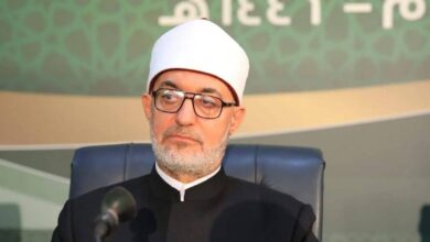The photo shows Egypt’s Grand Mufti Nazir Ayyad speaking at a press conference in Cairo.