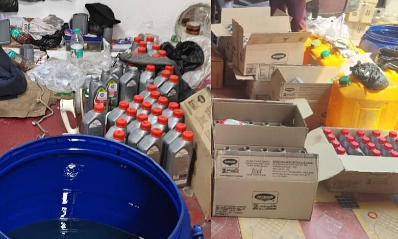 Large containers filled with fake castor oil manufactured in Hyderabad