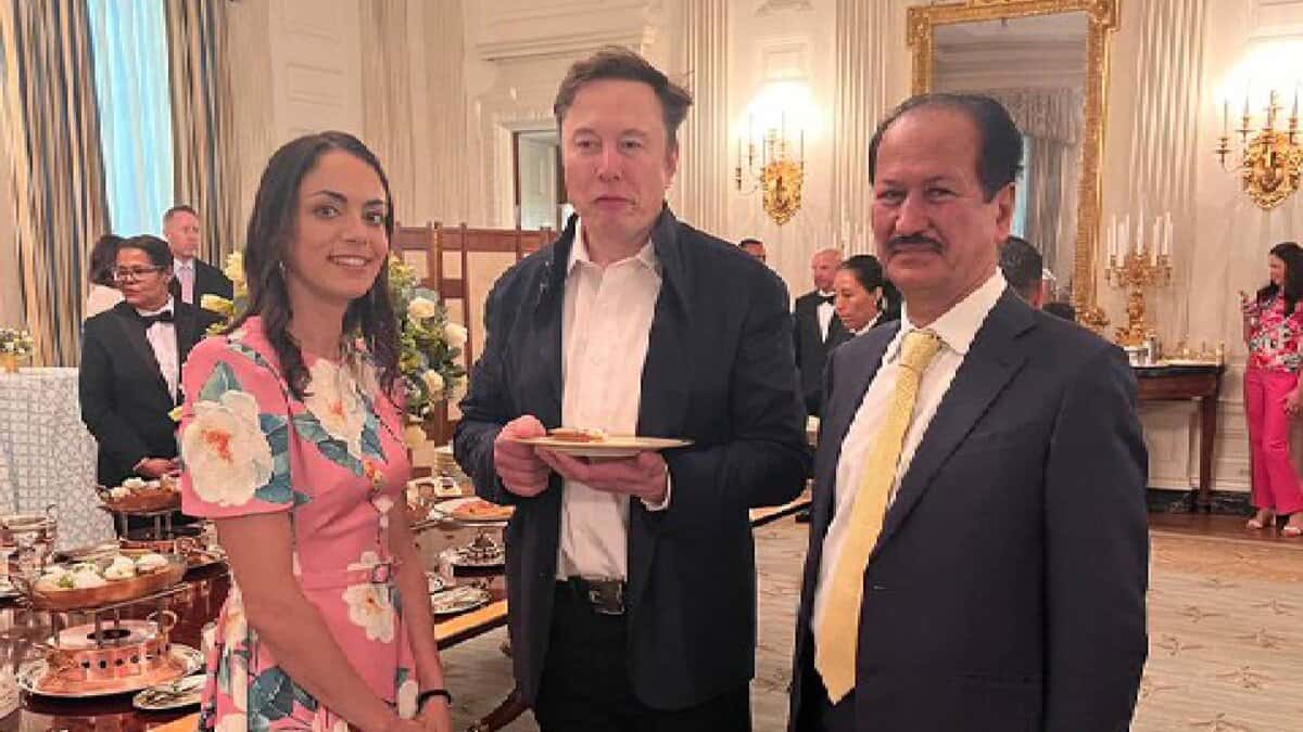 Hussain Sajwani stands with Elon Musk and Shivon Zilis at an elegant formal event. Musk holds a plate of food as they pose in a lavishly decorated room with chandeliers, a large mirror, and banquet tables.