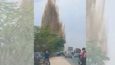 Manjeera pipeline, carrying water from Singur to the city, burst on Friday afternoon, April 18, in Peddapur village of Sangareddy district.