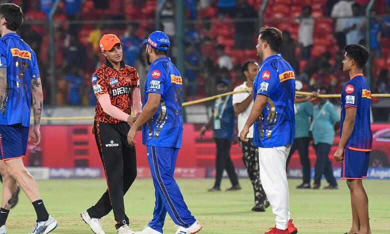 Mumbai Indians' co-owner Akash Ambani and players being greeted after the team won an Indian Premier League (IPL) 2025 cricket match against Sunrisers Hyderabad, in Hyderabad, Wednesday, April 23, 2025. (PTI Photo)