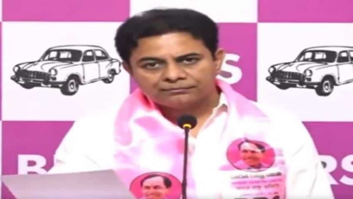 BRS working president KTR holds a press conference at Telangana Bhavan in Hyderabad