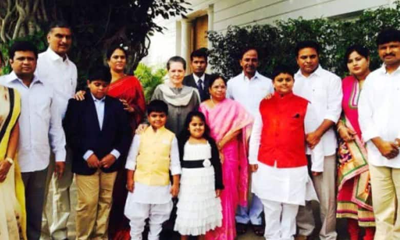 The image shows KCR's family members meeting the then UPA Chairperson Sonia Gandhi and thanking her for fulfilling the 60 year long aspirations of Telangana people in February 2014.