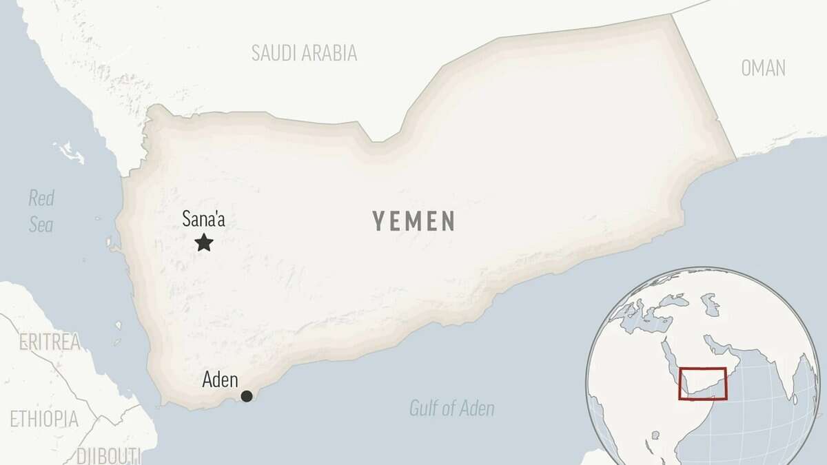 Map showing Yemen with Sana'a, Aden, Red Sea, Gulf of Aden, and nearby countries like Saudi Arabia, Oman, Eritrea, and Ethiopia.