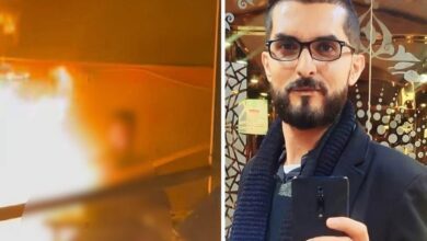 Palestinian journalist Ahmed Mansour before and during Israeli airstrike; left side shows him engulfed in flames, right side shows a portrait of him holding a phone.