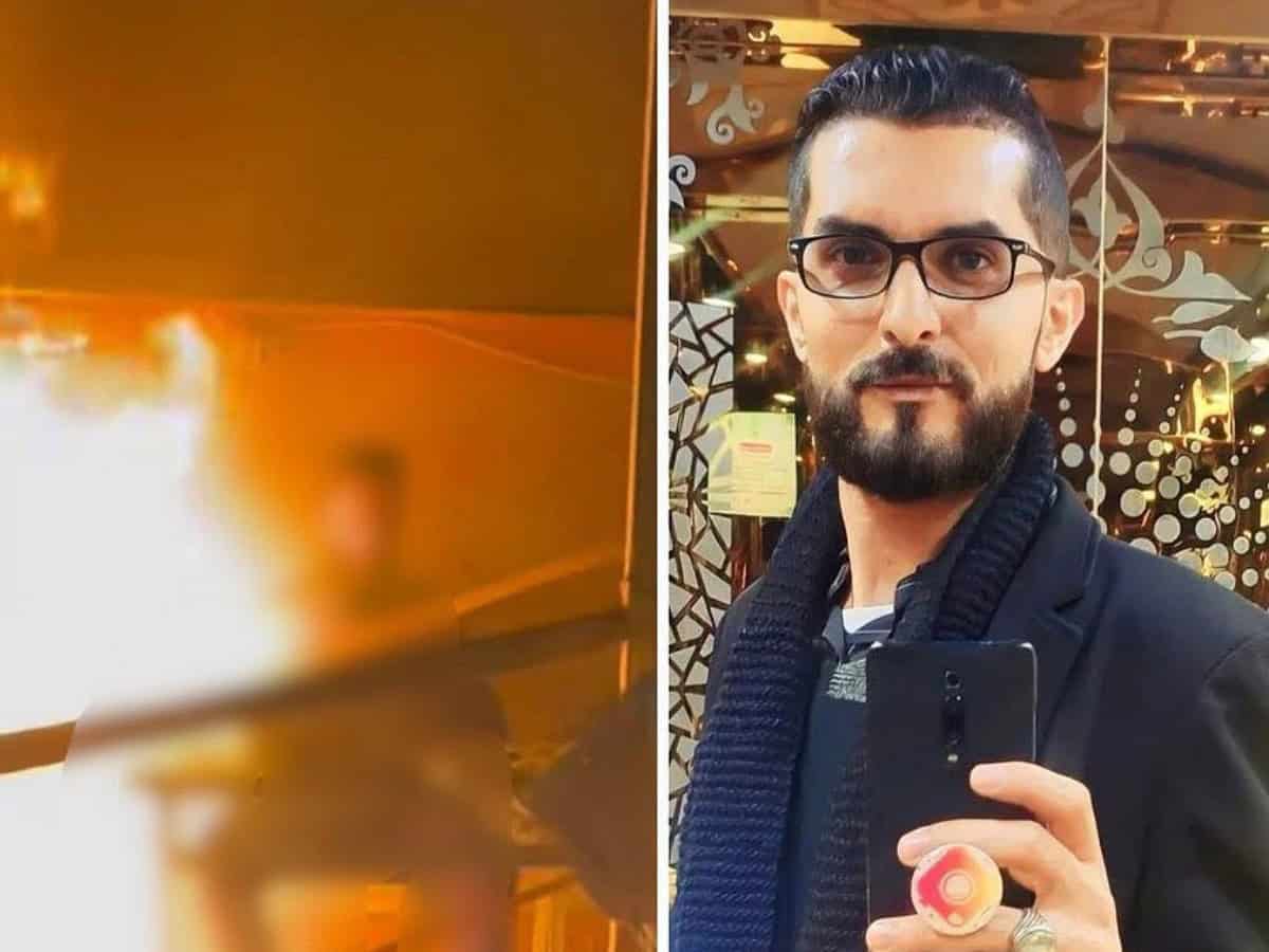 Palestinian journalist Ahmed Mansour before and during Israeli airstrike; left side shows him engulfed in flames, right side shows a portrait of him holding a phone.