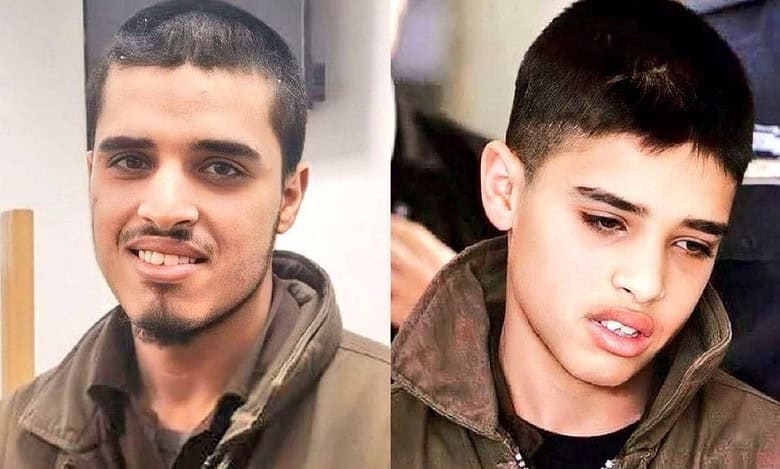 Side-by-side image of Ahmed Manasra — left shows him after release in 2025, smiling with short hair and a trimmed beard; right shows him in 2015 at age 13, looking distressed, wearing a similar jacket.