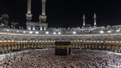 Thousands of Muslim pilgrims gather around the Kaaba at Grand Mosque in Makkah, Saudi Arabia.