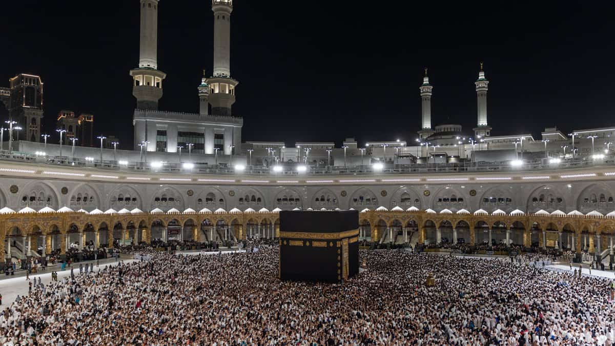 Thousands of Muslim pilgrims gather around the Kaaba at Grand Mosque in Makkah, Saudi Arabia.