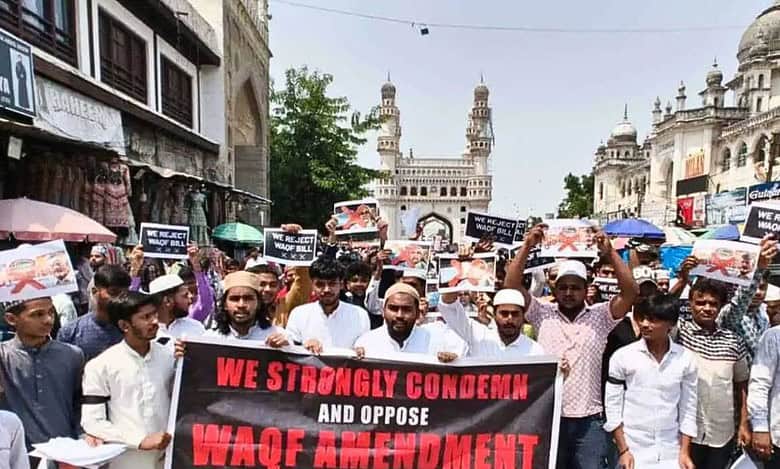Protests near Charminar in Hyderabad over Waqf Amendment Act.