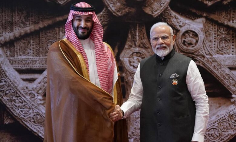 Indian Prime Minister Narendra Modi with Saudi Arabia's Crown Prince and Prime Minister Mohammed bin Salman.