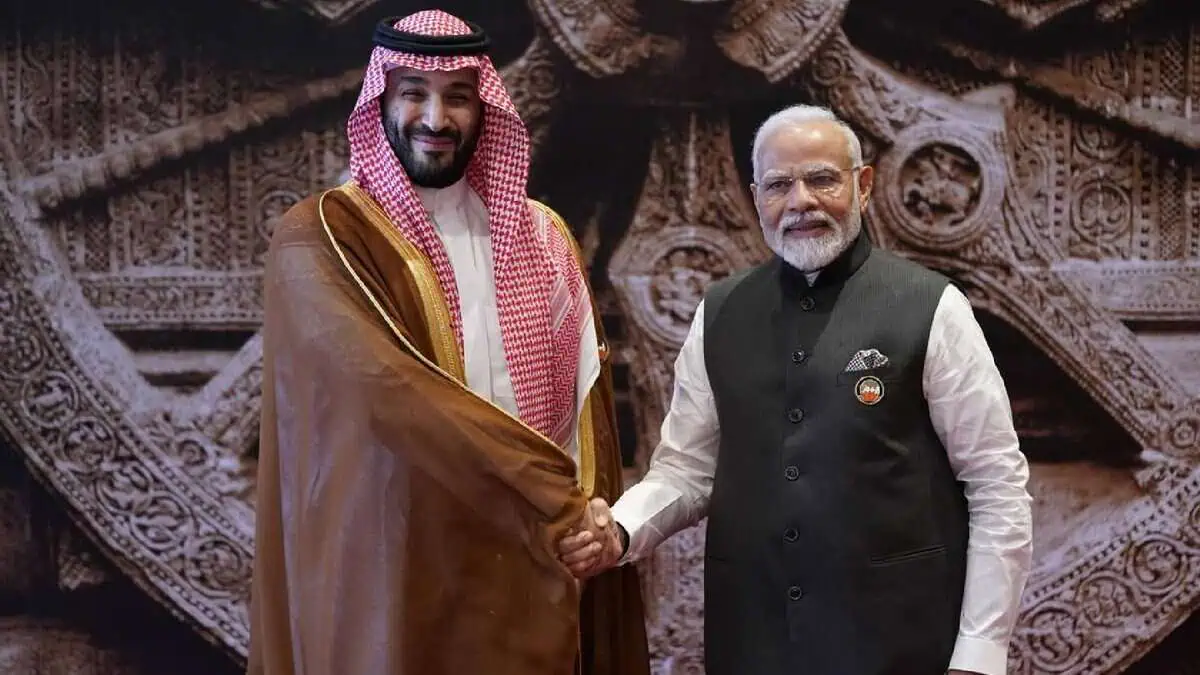 Indian Prime Minister Narendra Modi with Saudi Arabia's Crown Prince and Prime Minister Mohammed bin Salman.