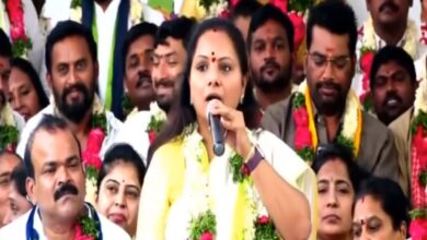 The image shows BRS MLC leader K Kavitha addressing a meeting on April 8, 2025