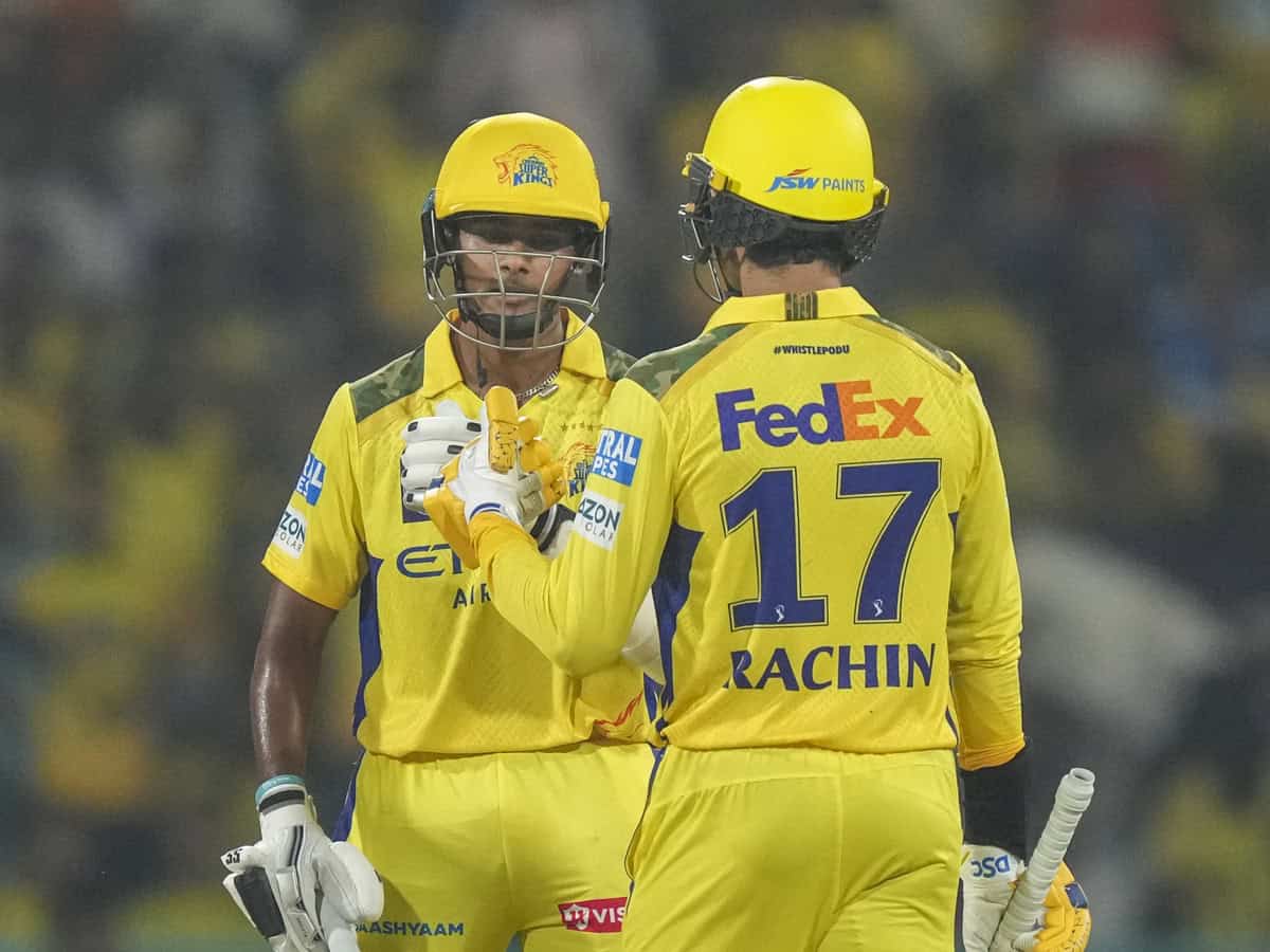 CSK's Shaik Rasheed and Rachin Ravindra batting together during IPL 2025 match against Lucknow Super Giants at Bharat Ratna Shri Atal Bihari Vajpayee Ekana Cricket Stadium.
