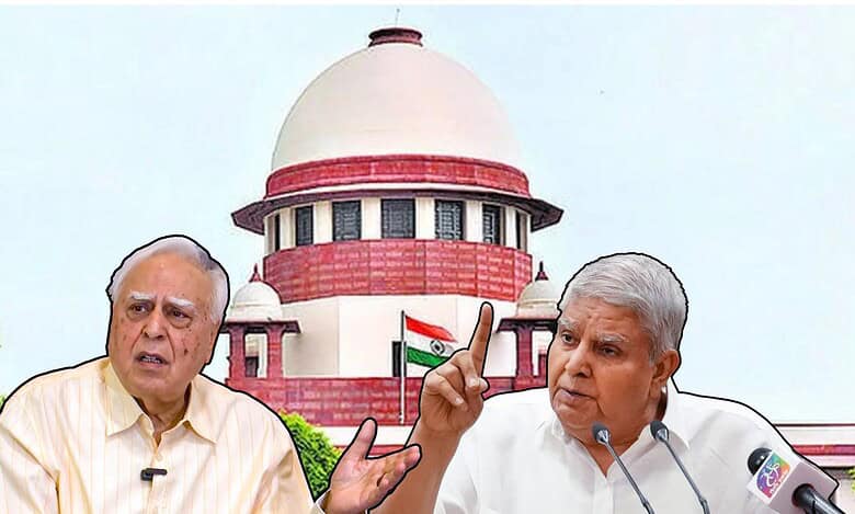 Kapil Sibal and Jagdeep Dhankar in the foreground and the Supreme Court in the background.