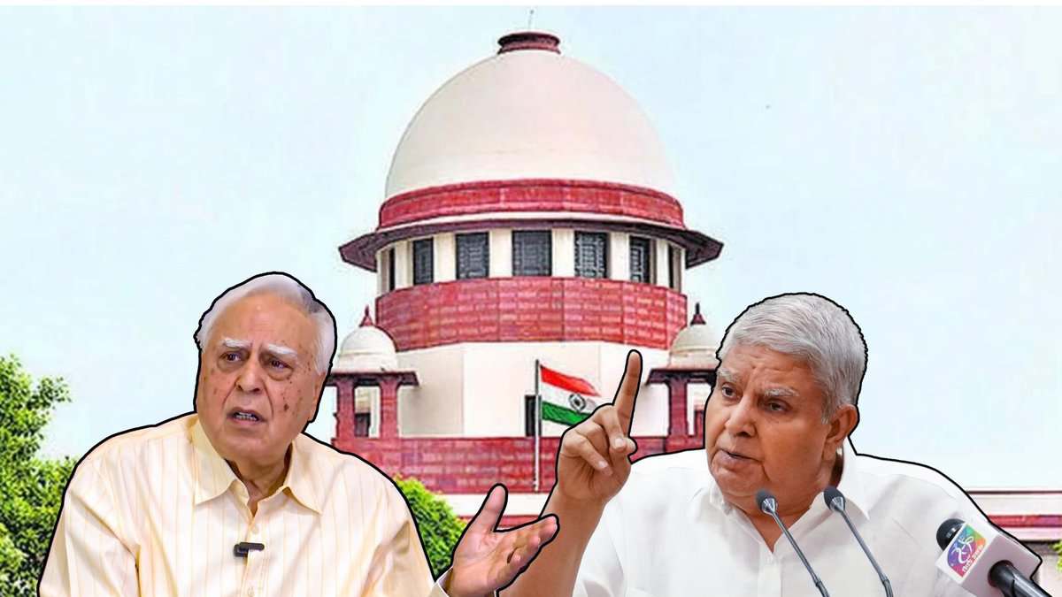 Kapil Sibal and Jagdeep Dhankar in the foreground and the Supreme Court in the background.