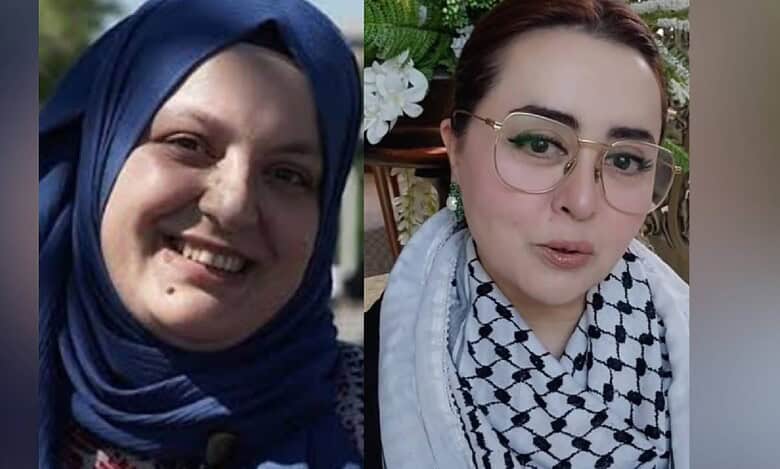 Side-by-side photo of Turkish influencer Turkan Atay wearing a blue hijab, smiling warmly, and Pakistani fashion designer Maria B wearing glasses and a black-and-white keffiyeh scarf, posing indoors.