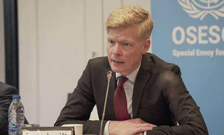 UN Special Envoy for Yemen, Hans Grundberg, speaking at a press conference with OSESGY banner in the background.