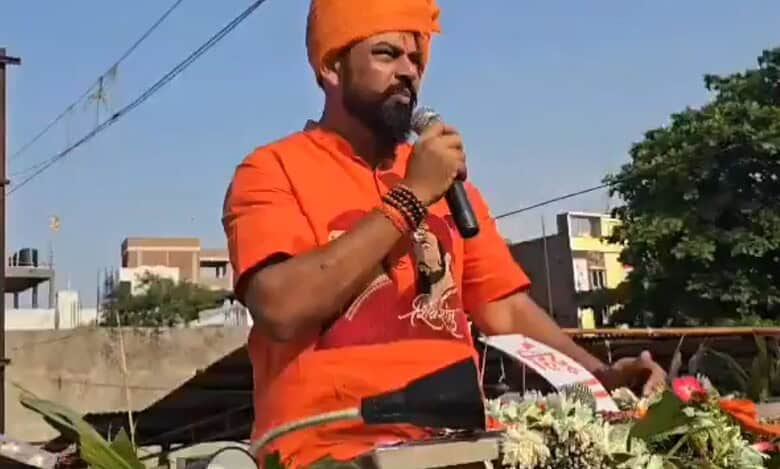 T Raja Singh speaking at Ram Navami Shobha Yatra in Hyderabad on Sunday