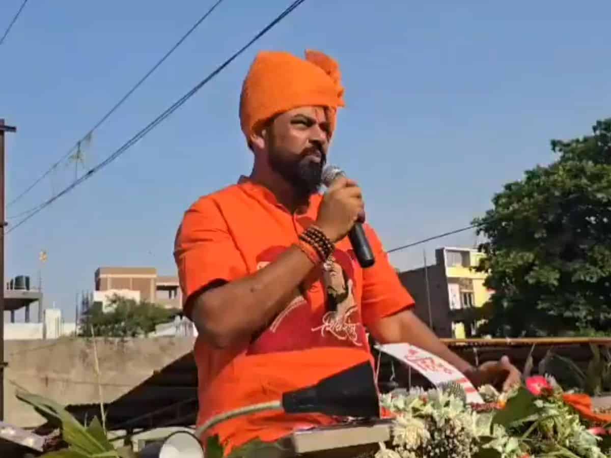 T Raja Singh speaking at Ram Navami Shobha Yatra in Hyderabad on Sunday