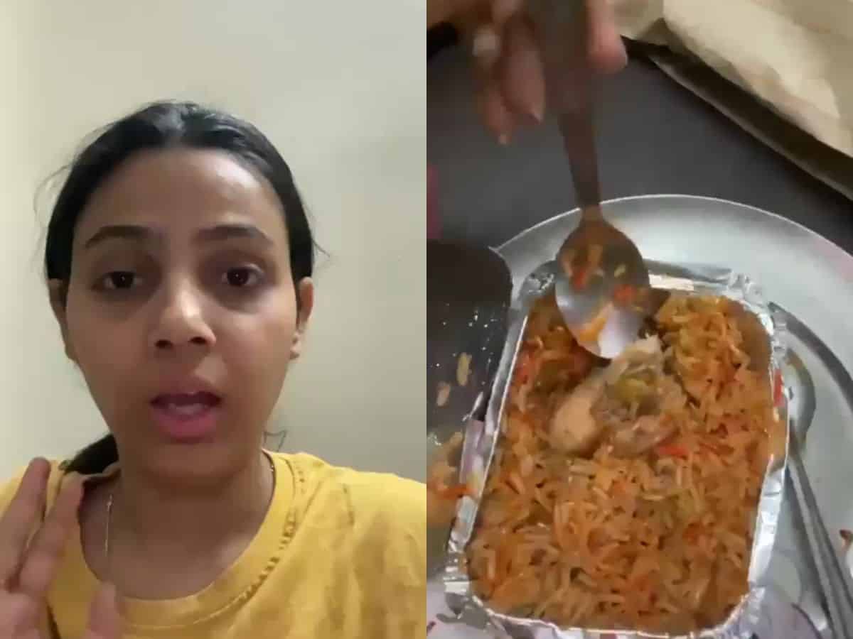 There are two images in this. The first image shows a woman in yellow shirt crying. The second image shows non-veg biriyani