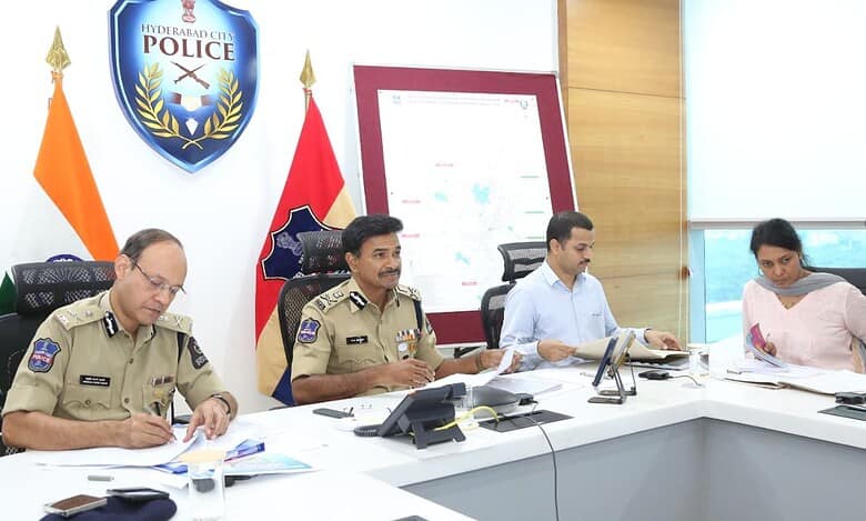 In this image, Hyderabad city police commisioner CV Anand reviews meeting with top officials on April 2025