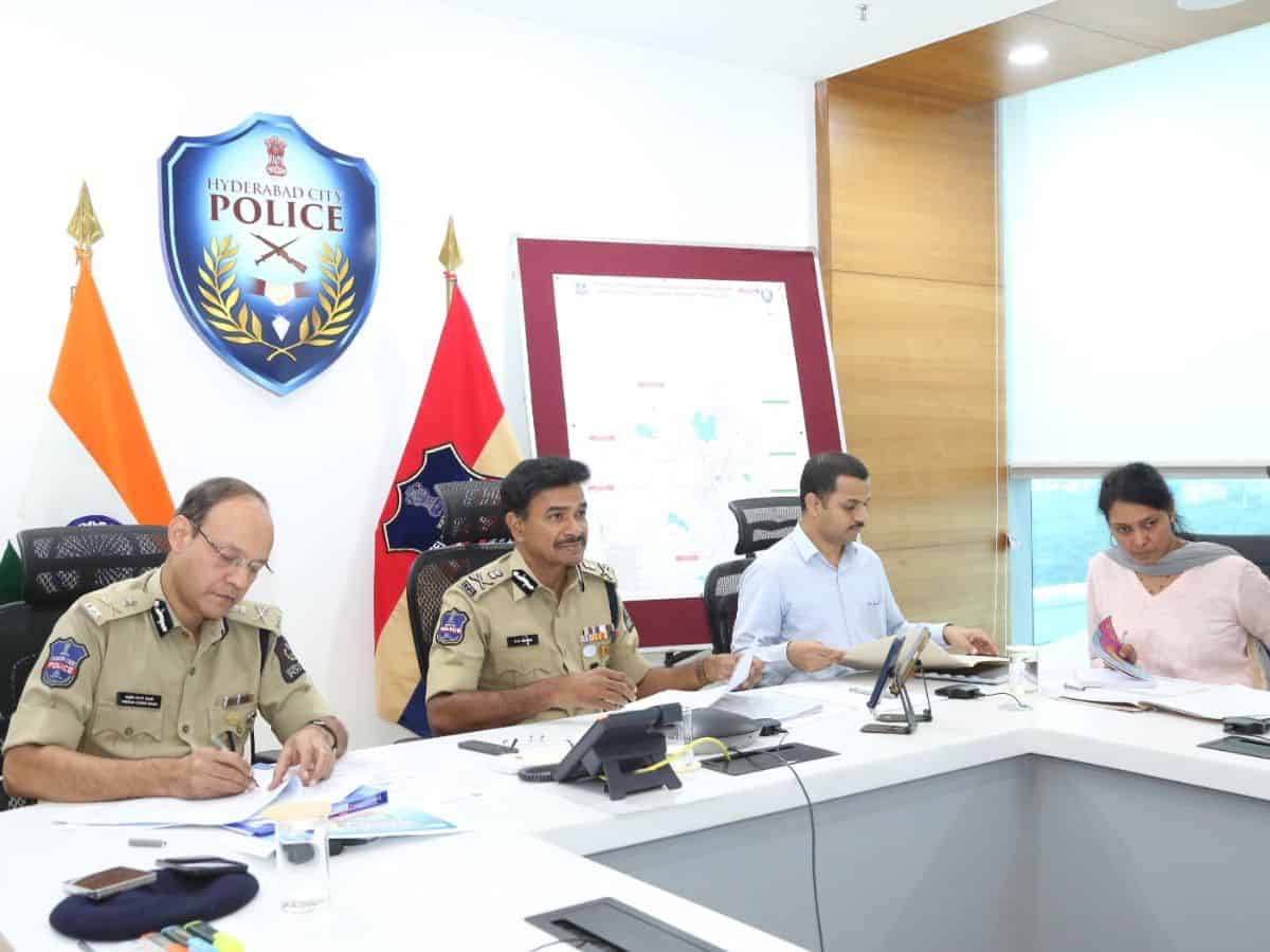 In this image, Hyderabad city police commisioner CV Anand reviews meeting with top officials on April 2025