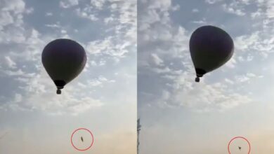 There are two images. In the first image, a man is seen hanging in the air while clinging on to a hot air balloon. In the second image, the man falls to his death