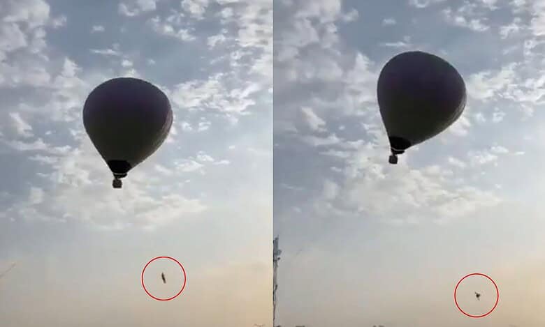 There are two images. In the first image, a man is seen hanging in the air while clinging on to a hot air balloon. In the second image, the man falls to his death