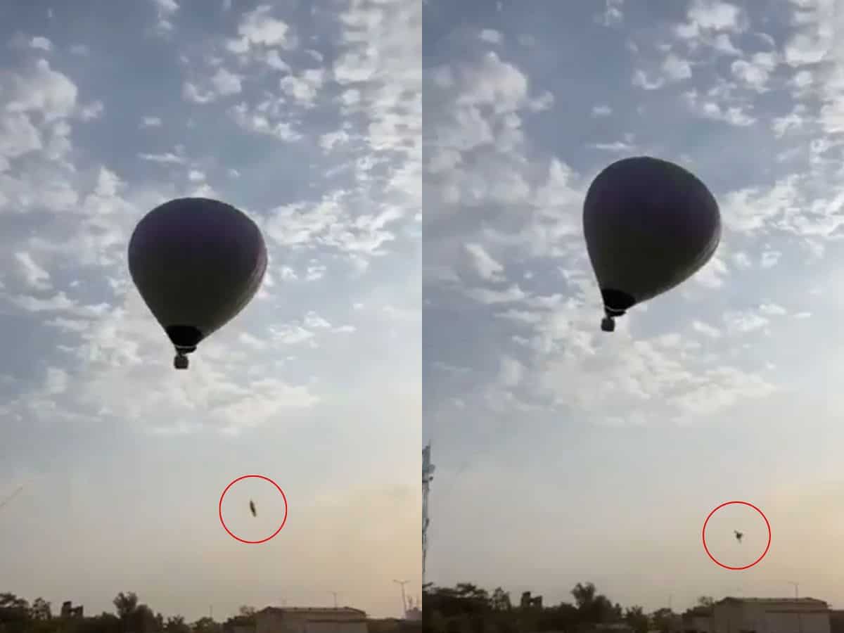There are two images. In the first image, a man is seen hanging in the air while clinging on to a hot air balloon. In the second image, the man falls to his death