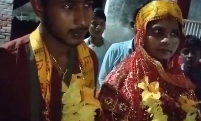 In the image, a man and a women in traditional Hindu wedding attire is seen, dated April 12, 2025