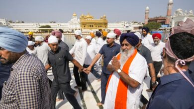 The image displays Sukhbir Badal, in saffron shawl. April 12, 2025