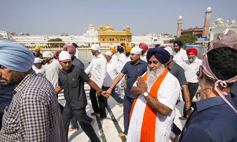 The image displays Sukhbir Badal, in saffron shawl. April 12, 2025