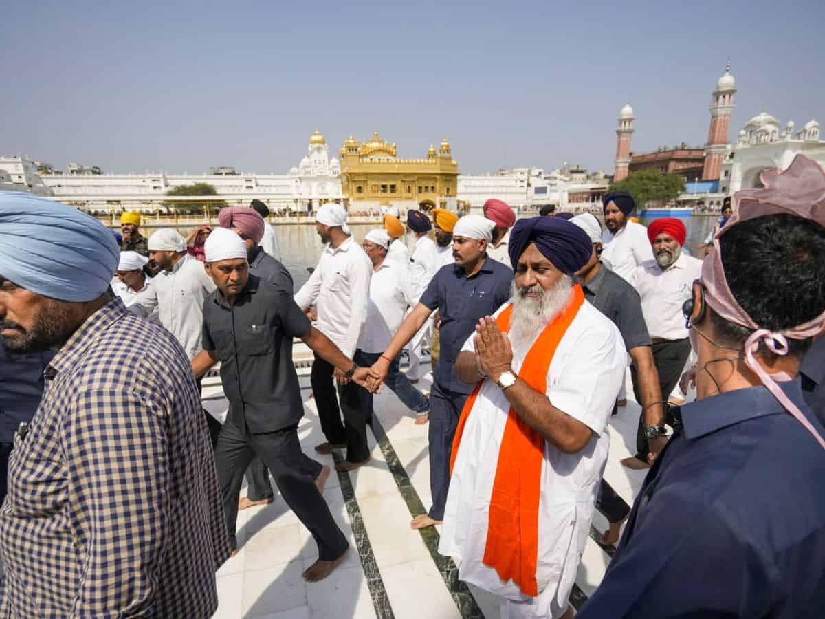 The image displays Sukhbir Badal, in saffron shawl. April 12, 2025