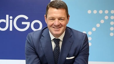 The image displays a picture of IndiGo's Chief Executive Pieter Elbers. April 13, 2025